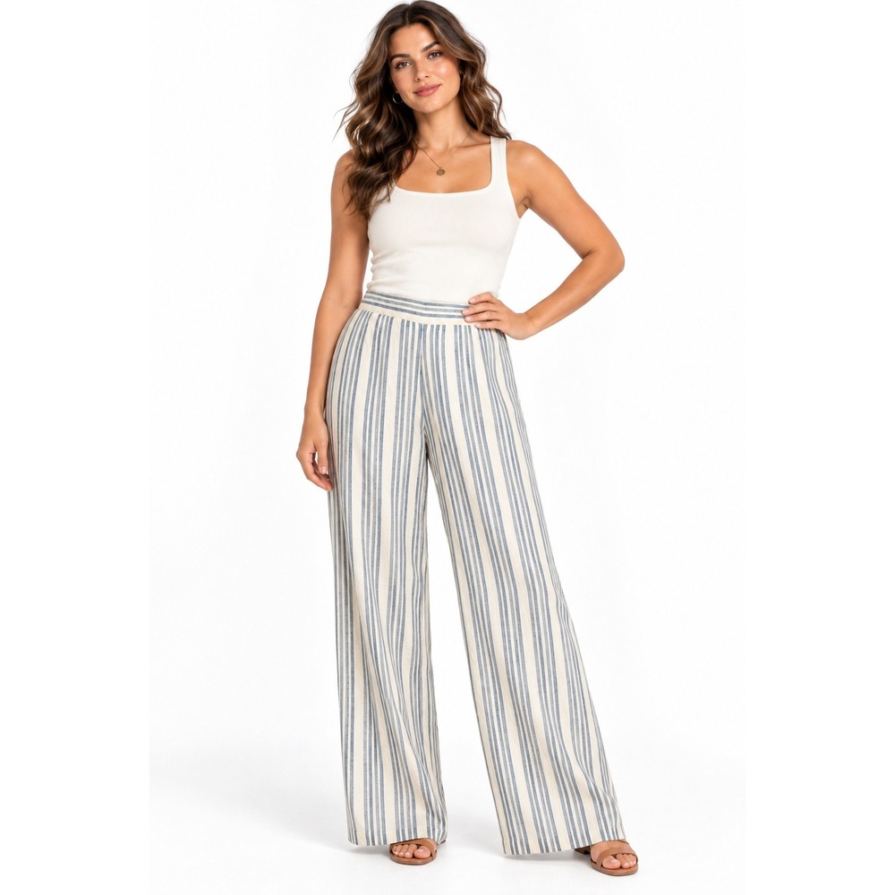 HM Womens Blue White Striped Wide Leg Cotton Blend Pants Large NWT